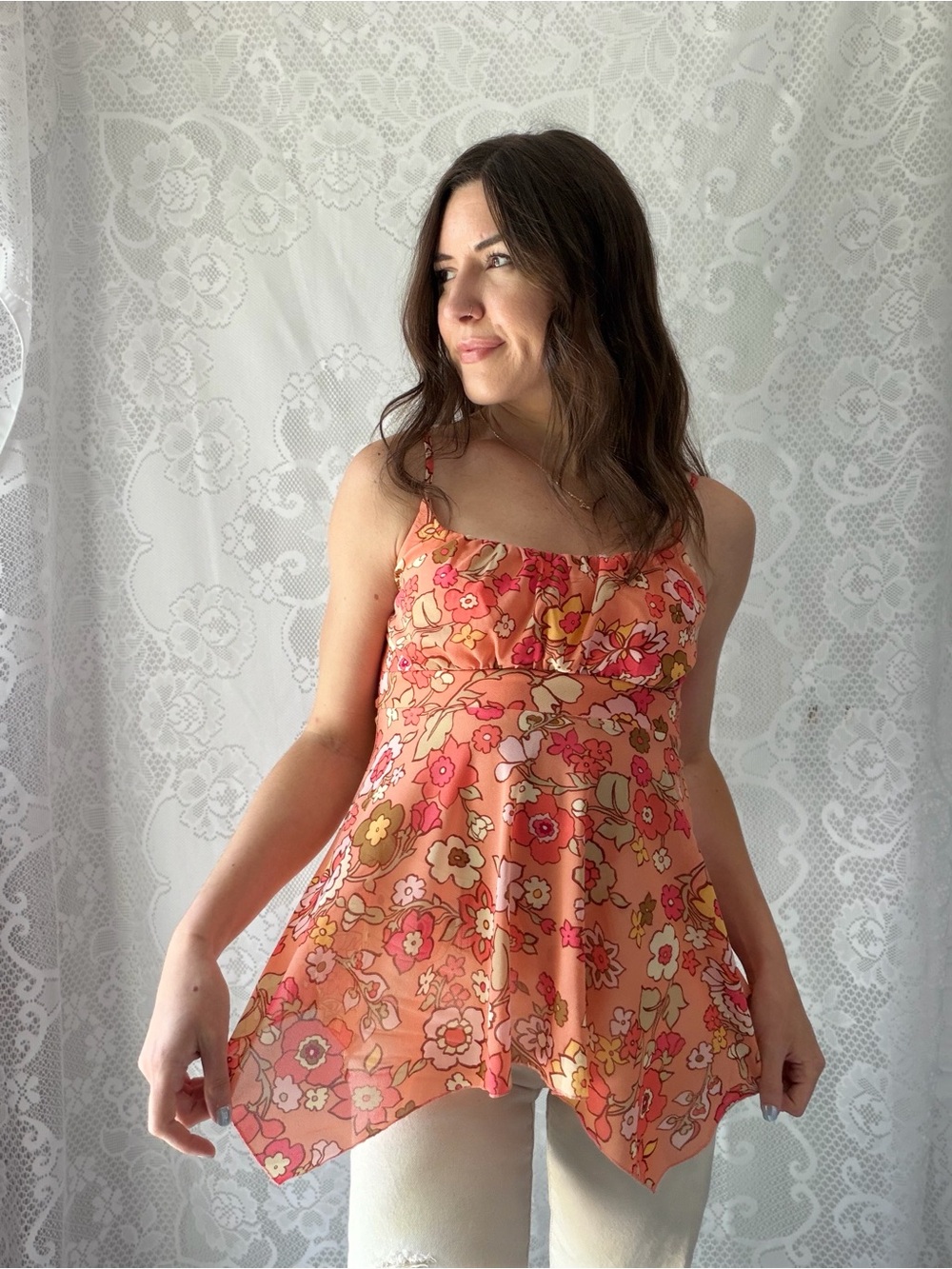 Y2K Self Esteem Floral Handkerchief Babydoll Tank Top Pink Size Medium